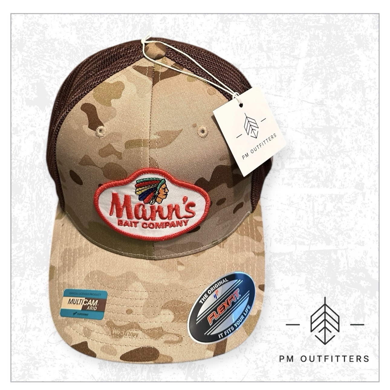 Mann’s Bait Co Trucker Hat, Retro Fishing Patch on Yupoong Flexfit Multicam