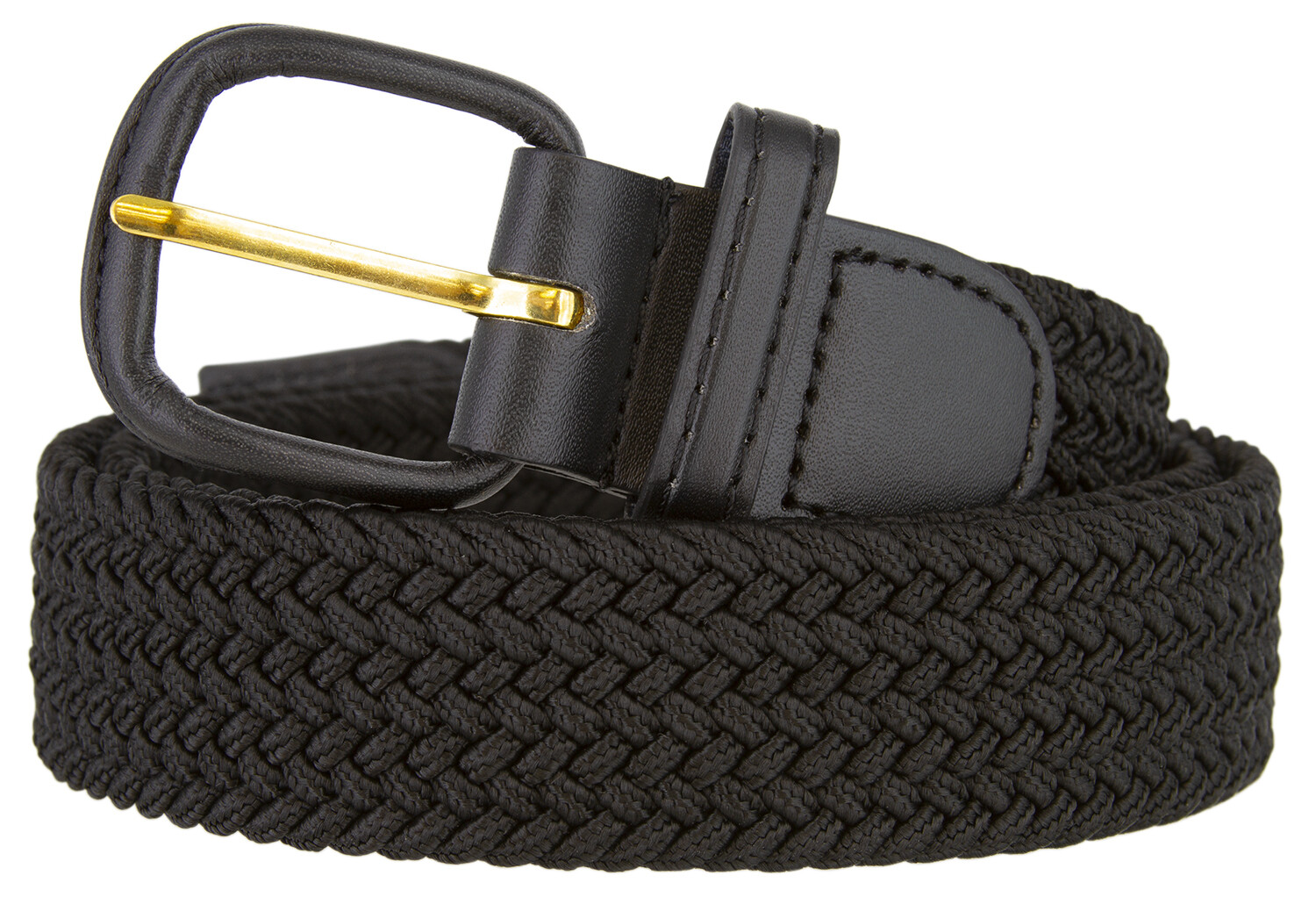 Black Stretch Belt Leather Covered Buckle Woven Elastic Stretch Belt 1-1/4″ Wide