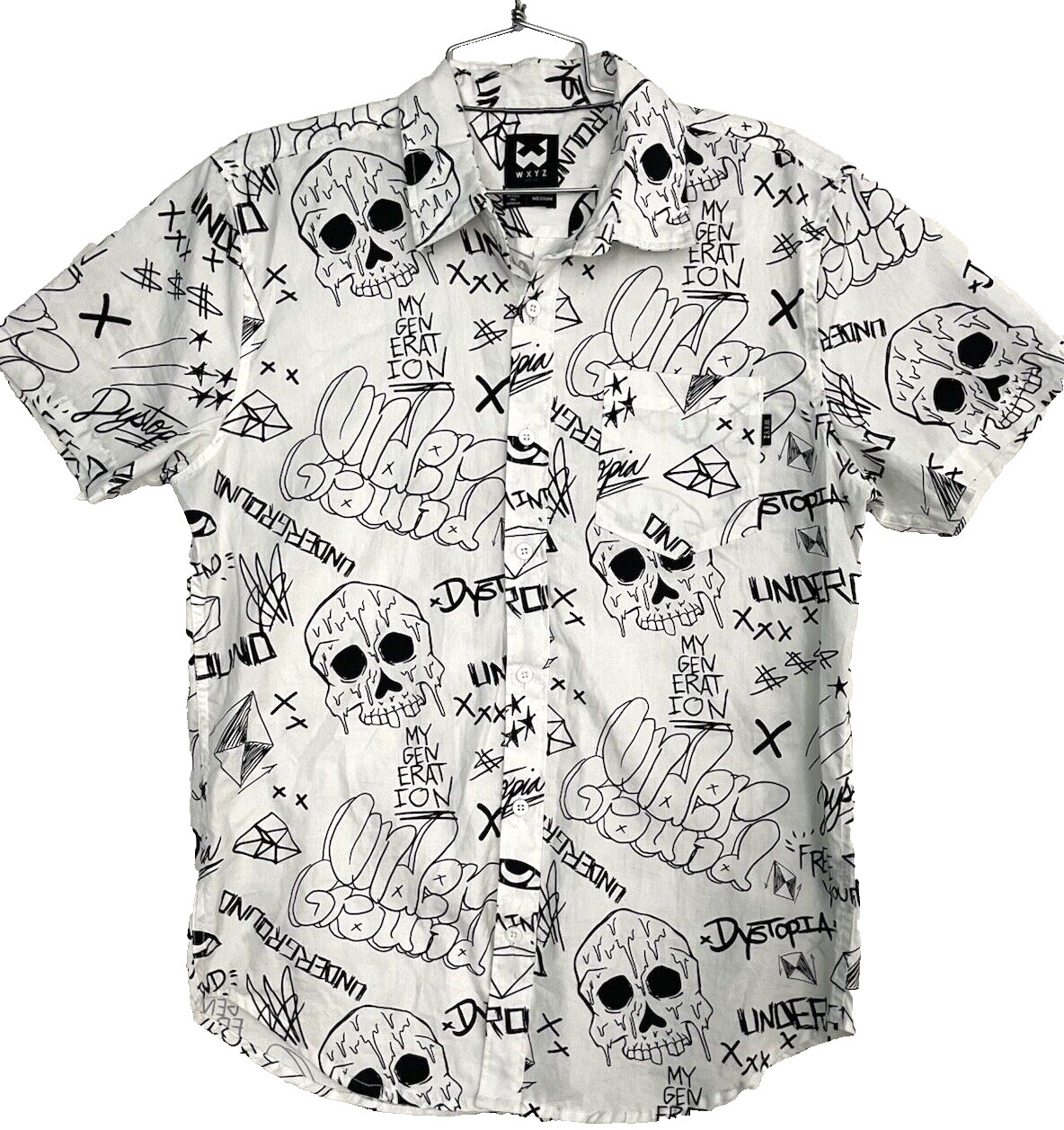 WXYZ Mens Medium SS Cotton Black Skull & Graffiti White Button up Shirt