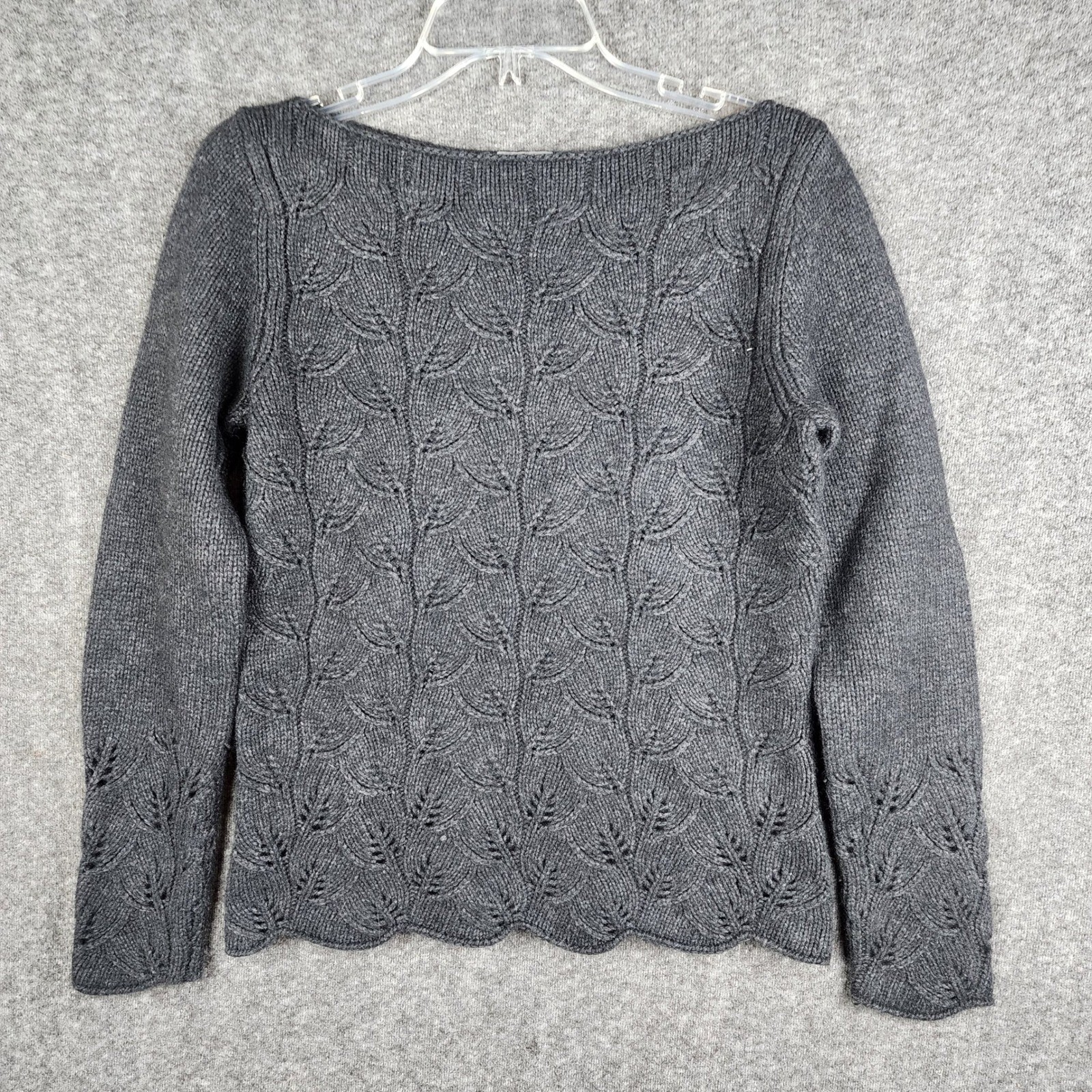 Ann Taylor Sweater Womens Medium Grey Lambswool Angora Leaf Knit Boat Neck
