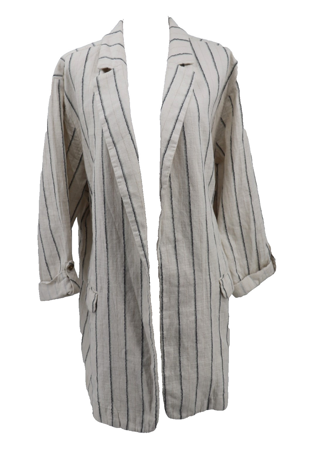 J Jill Linen Blend Jacket Women Size 4X Beige Blue Striped Roll Sleeve Lagenlook