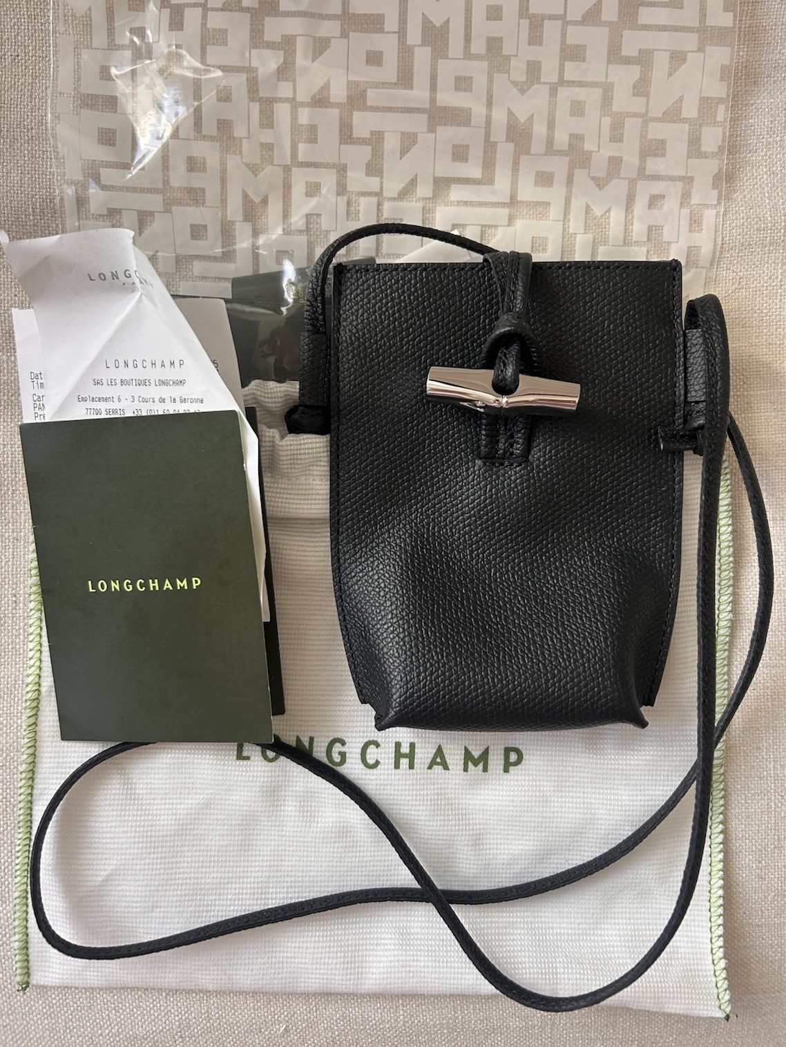 Longchamp Le Roseau Crossbody Phone Case Black Leather Purchased in Paris