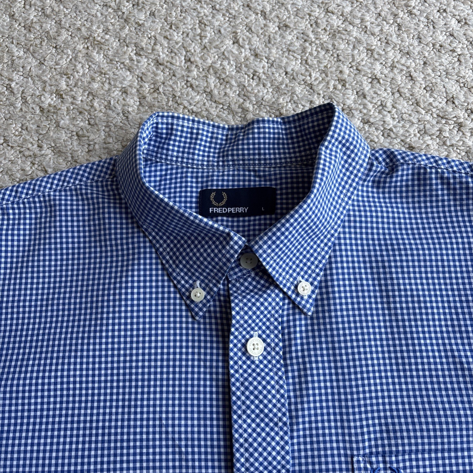 Fred Perry Gingham Check Shirt Men’s Large L Blue White Cotton Button Down