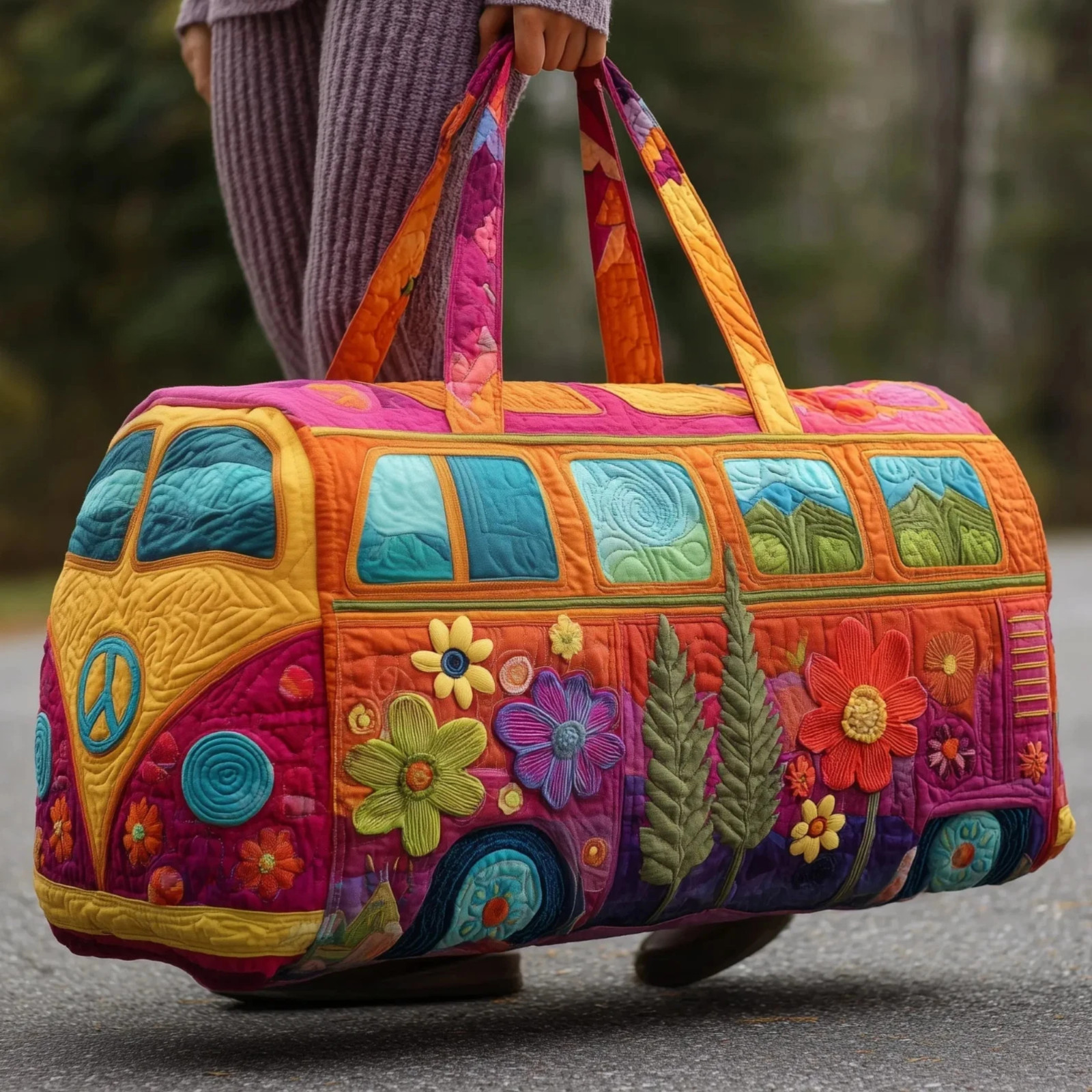 Unisex Boho Quilted Weekender Bag – Large Hippie Van Quilted Duffle Bag Carry-on