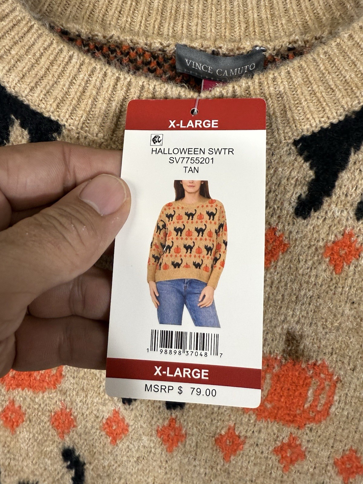 Vince Camuto Pullover Halloween Sweater Womens XL Beige Tan Knit Crew Neck NWT