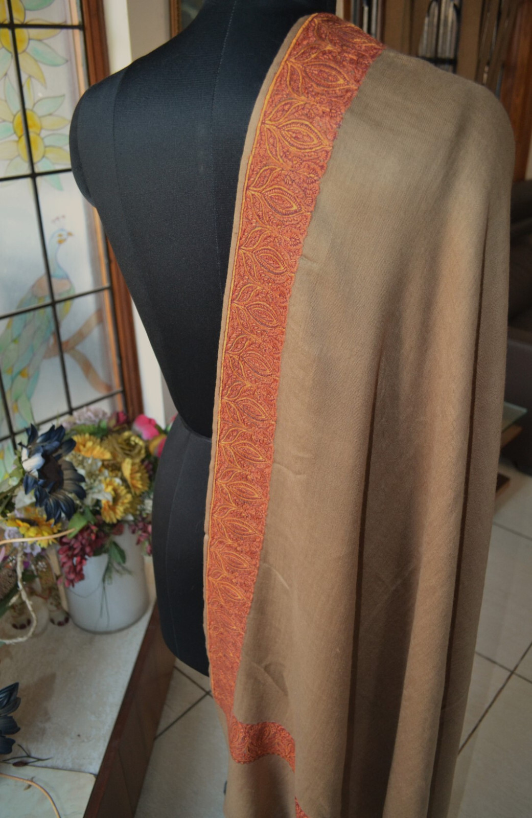 LARGE BROWN WRAP KASHMIRI MICRO BORDER EMBROIDERY INDIAN WOOL PASHMINA SHAWL