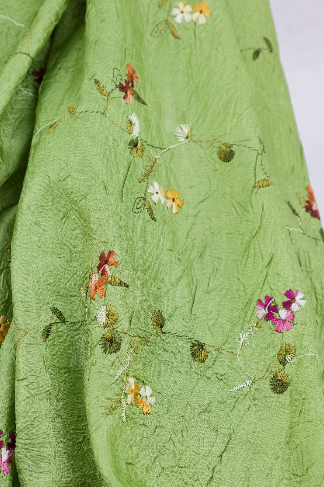 Crushed Shimmer Silk-Poly Blend Green Embroidered Floral Wrap Scarf, 25in x 64in
