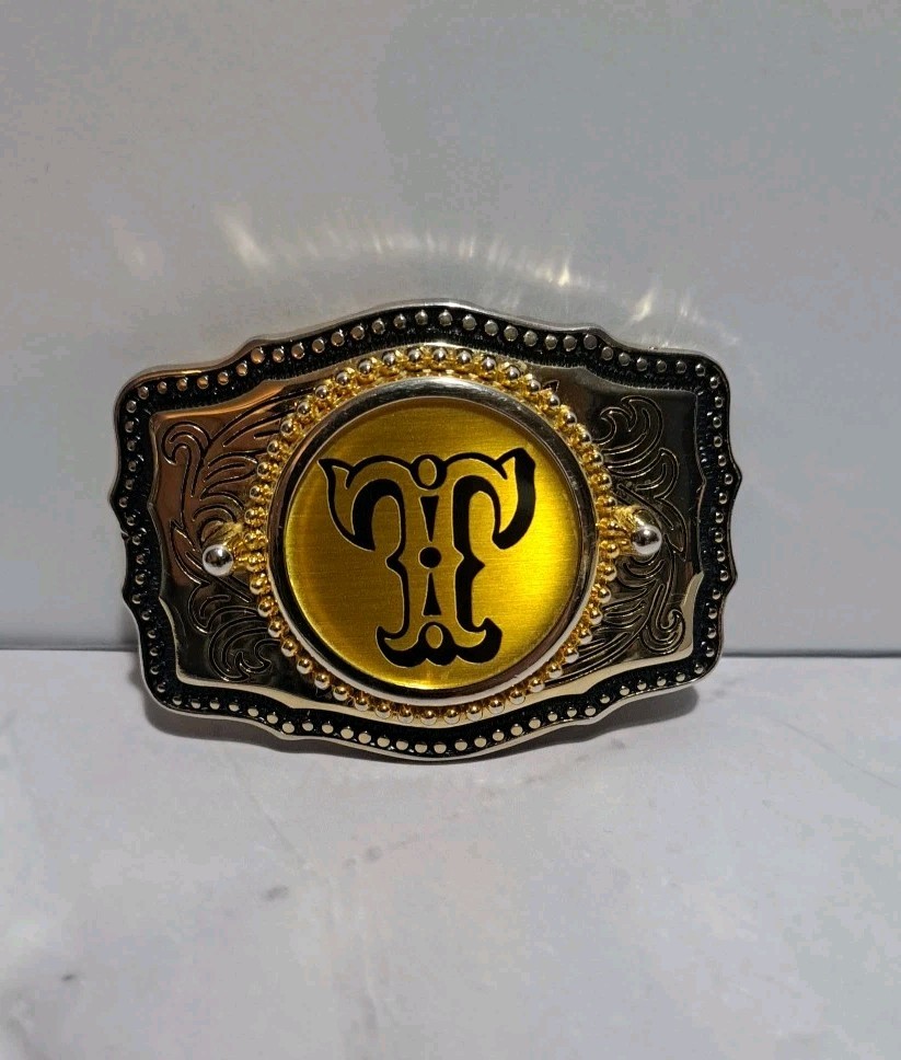 Western Metal Belt Buckle Gold Tone Initial Letter T Cowboy Rodeo Made In USA