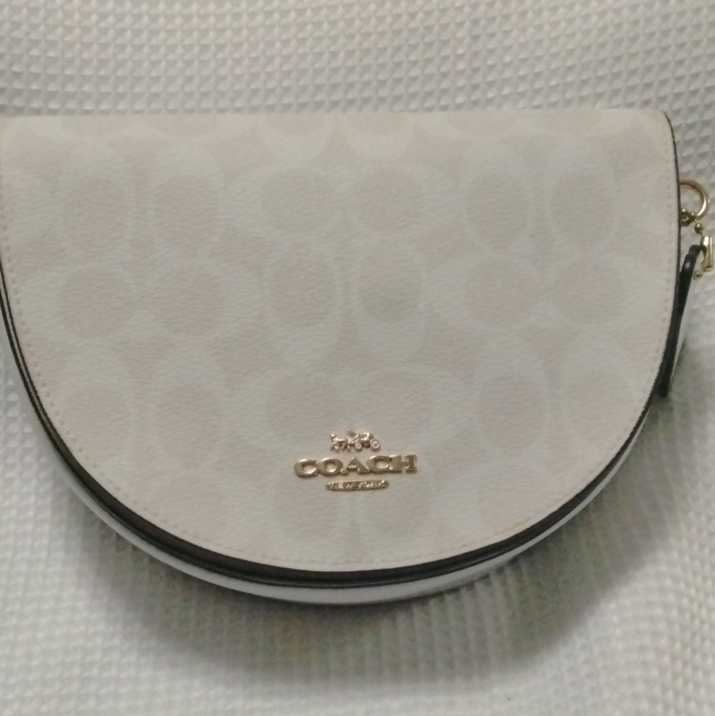 Coach White Monogram Semi-Circle Small Crossbody, Zip/Snap, Adj Strap Gold