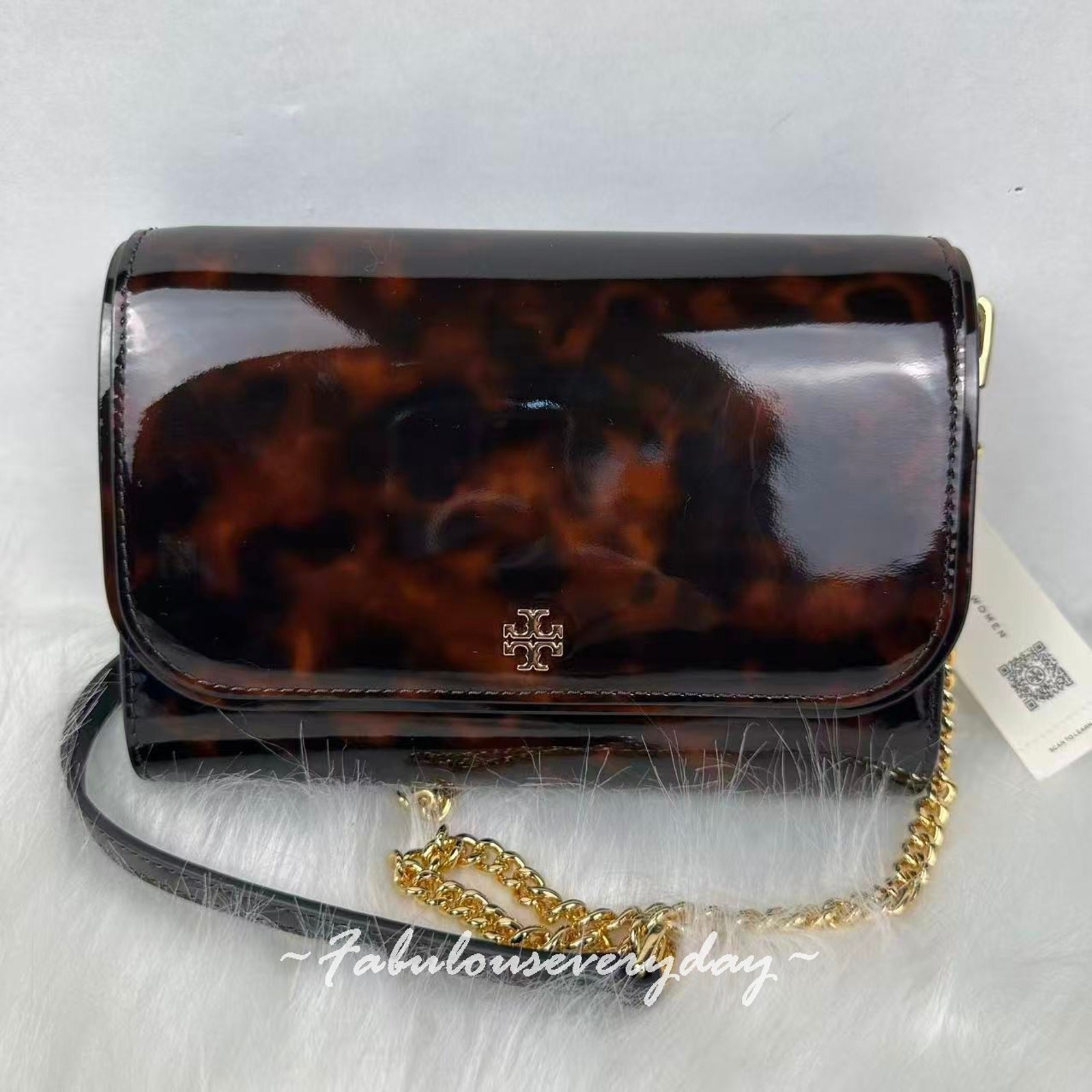 Tory Burch Emerson Tortoise Patent Leather Chain Wallet Shoulder/Xbody 165943