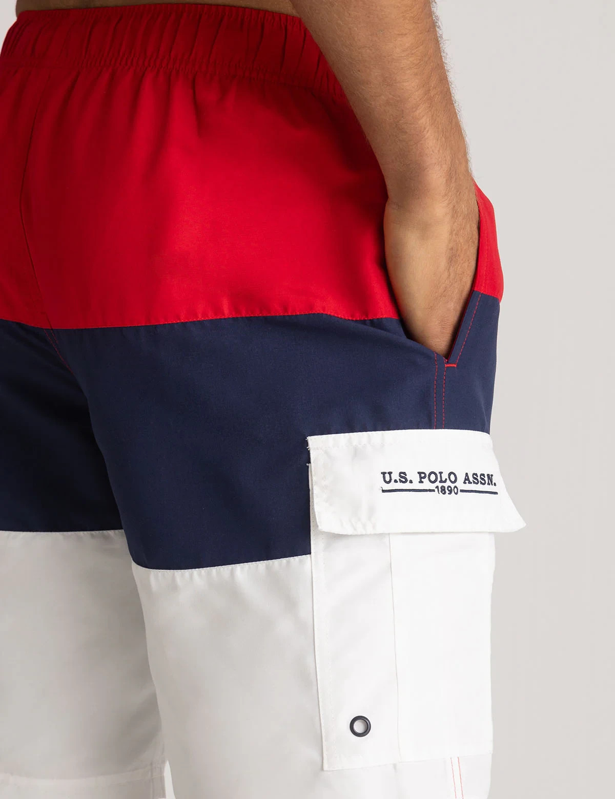 U.S. POLO ASSN. Tri-Colorblock Cargo Swim Trunks, ENGINE RED Color (CHOICE SIZE)