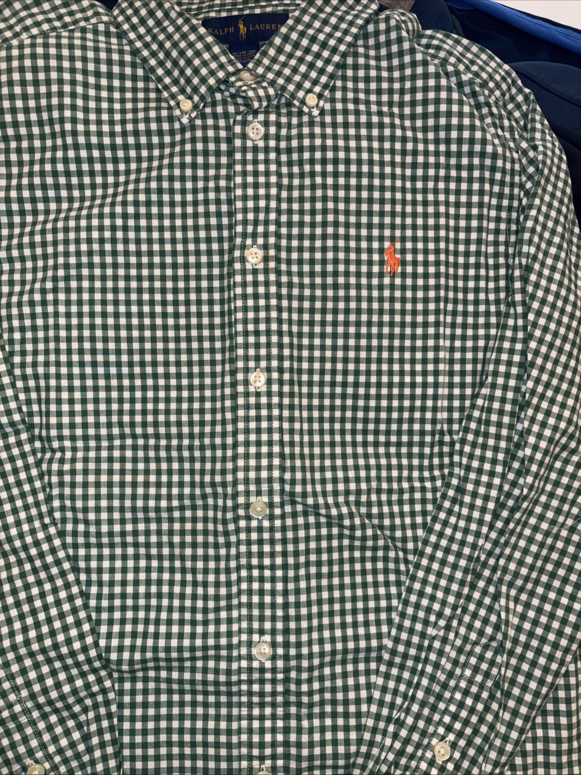 Ralph Lauren Youth Custom Fit Button Down Shirt Green Gingham 18-20 Mens Small?