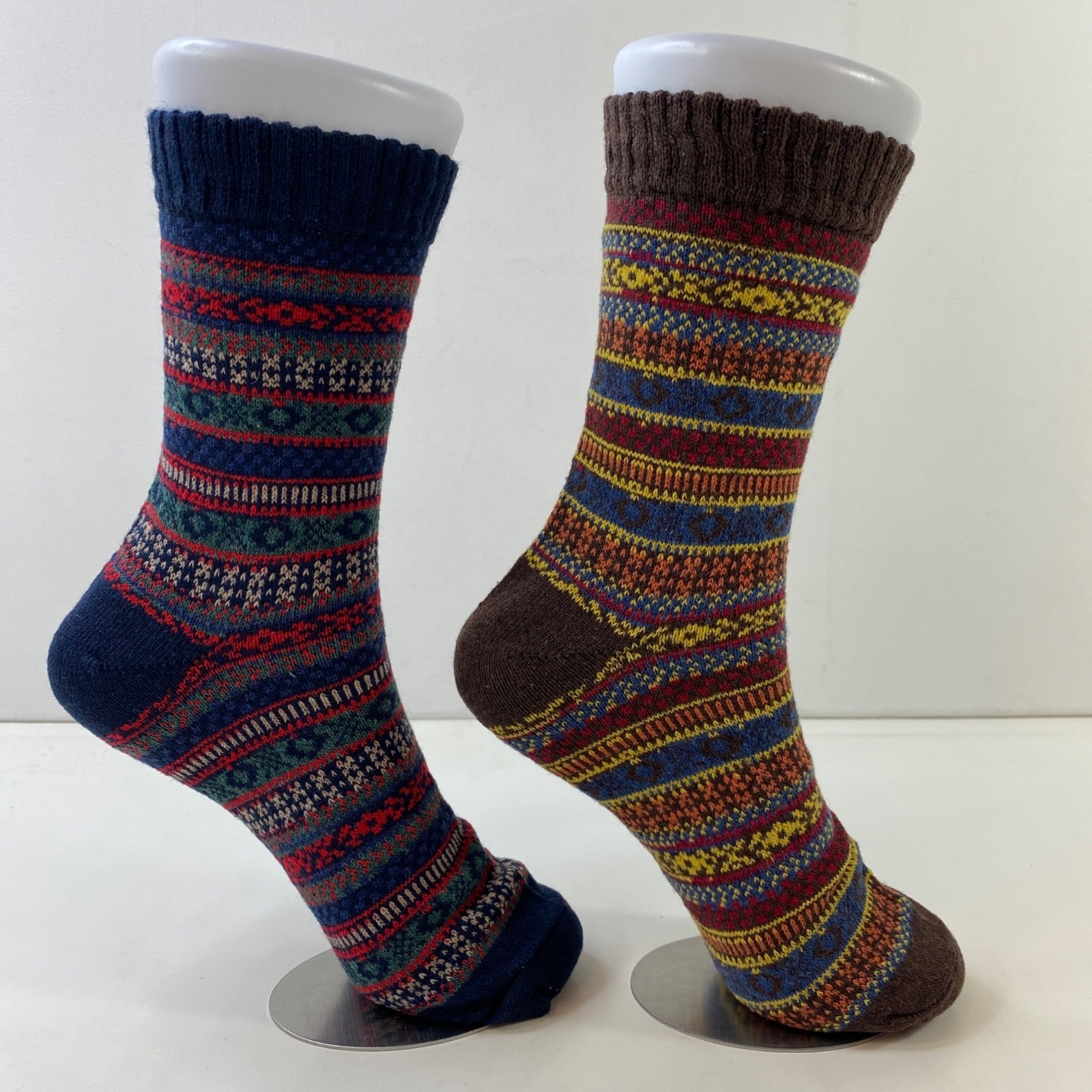 Womens Crew Socks Set 2 Nordic Pattern Stripes Black Brown Yellow Blue Red