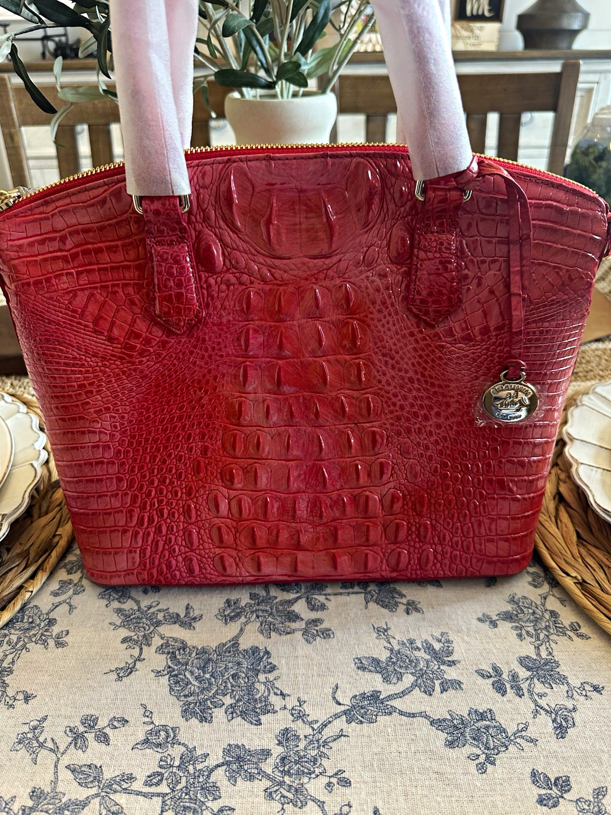 Brahmin Coral Croc-Embossed Satchel Zip Top Double Handles Gold Hardware