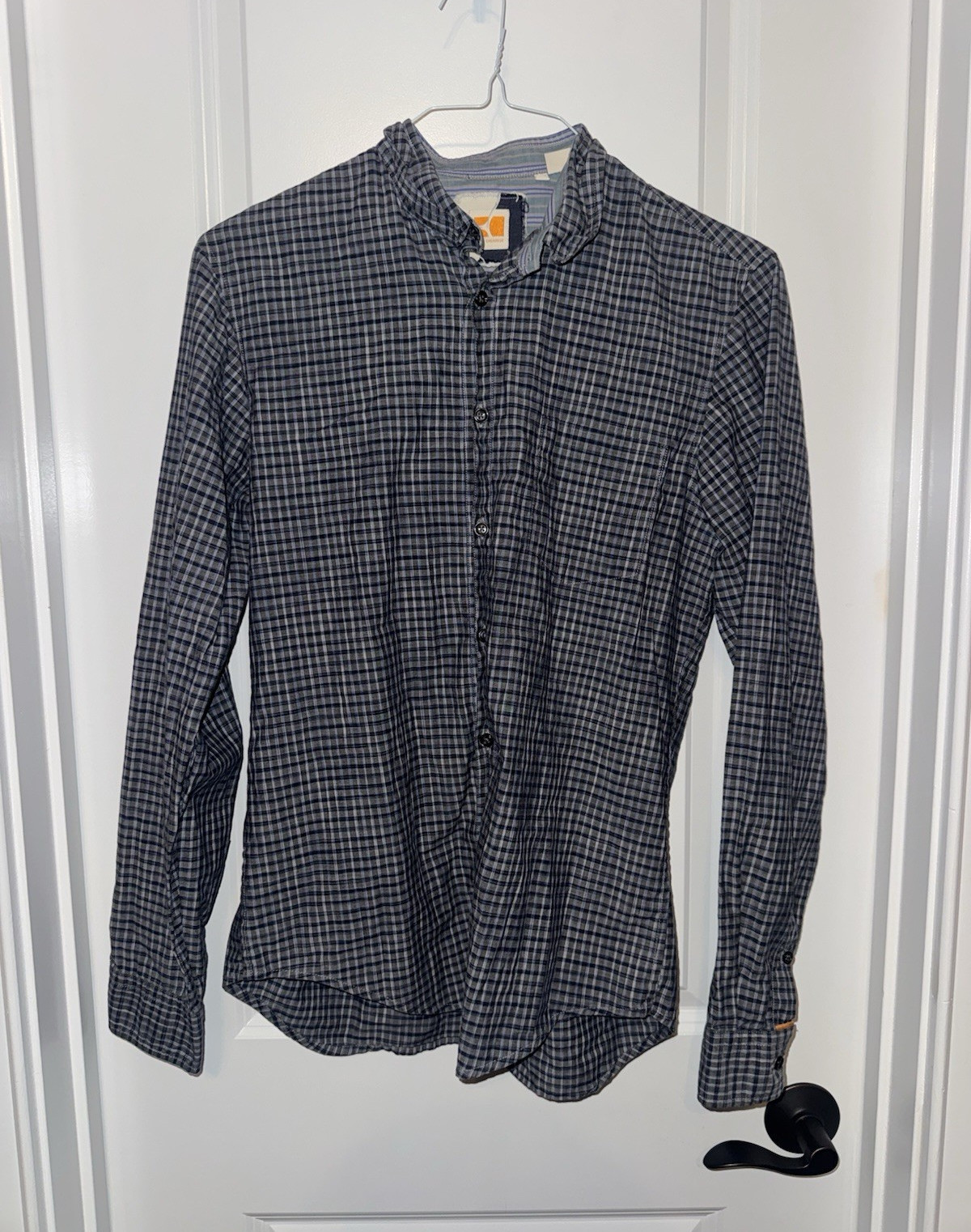 BOSS Orange Men’s M Regular Blue Gray Check Long Sleeve Point Collar Button-Up