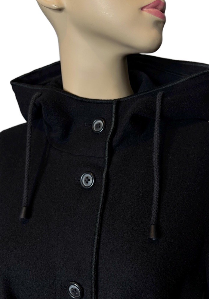 Vintage Wool Full Length Coat Hooded Black Button Down Harvé Benard Rare XS/S