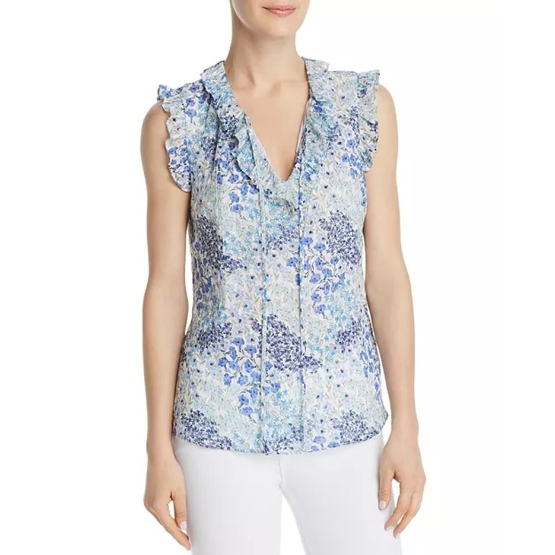 Rebecca Taylor Ava Sleeveless Floral Blue Silk Blend Tie V Neck Blouse Top 8