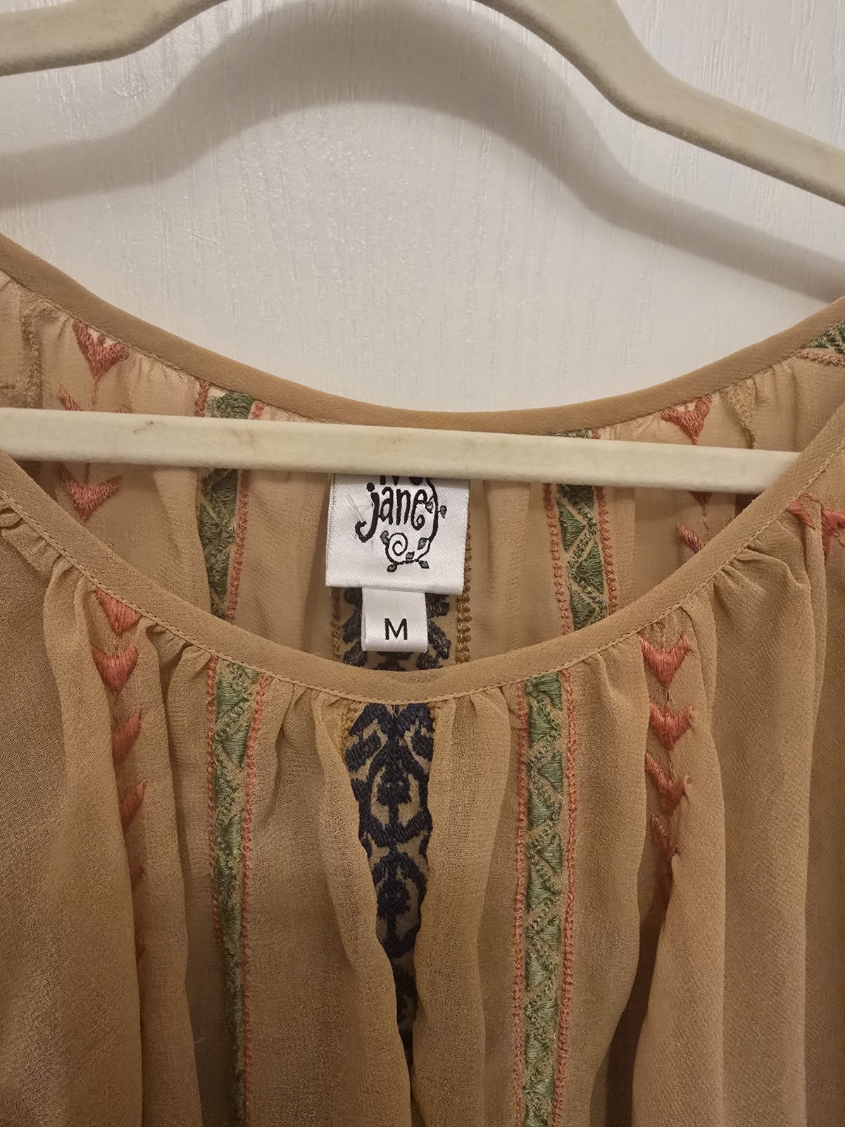 Ivy Jane Boho Embroidered Peasant Top Tan Sheer Batwing Dolman Sleeve Blouse M