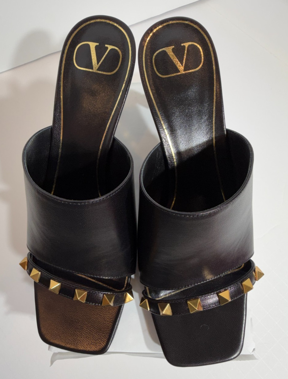 New Valentino Black Slide Sandals with Rockstud Accents 3 Inch Heels Size 38