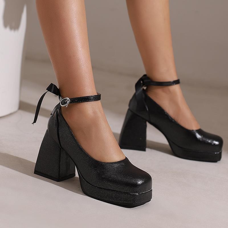Women’s Square Toe Platform Block Heel Bow Shoes Dress Party Prom Pump Plus Size