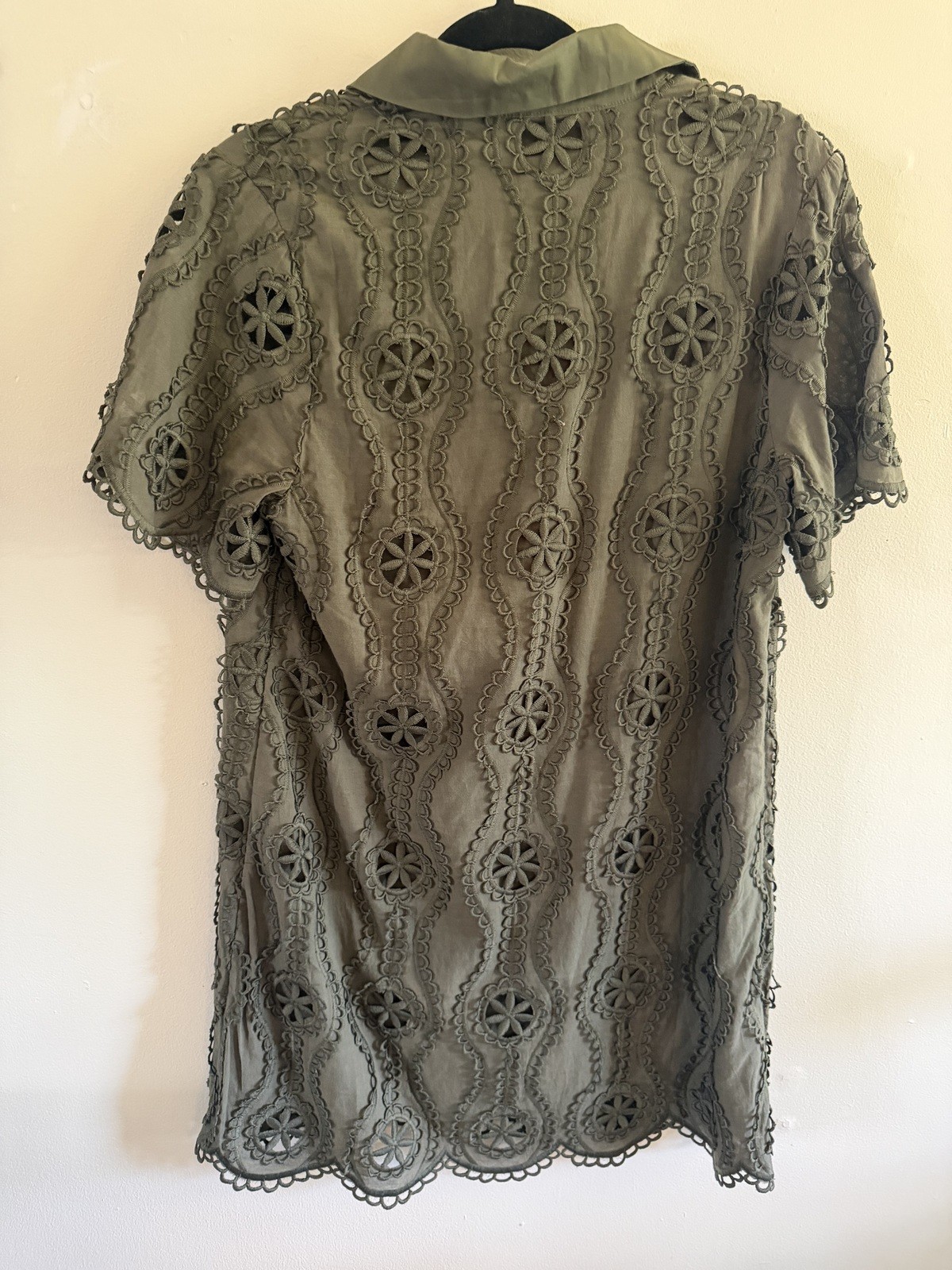 English Factory Olive Lace Eyelet Mini Shirt Dress Cotton Size Small