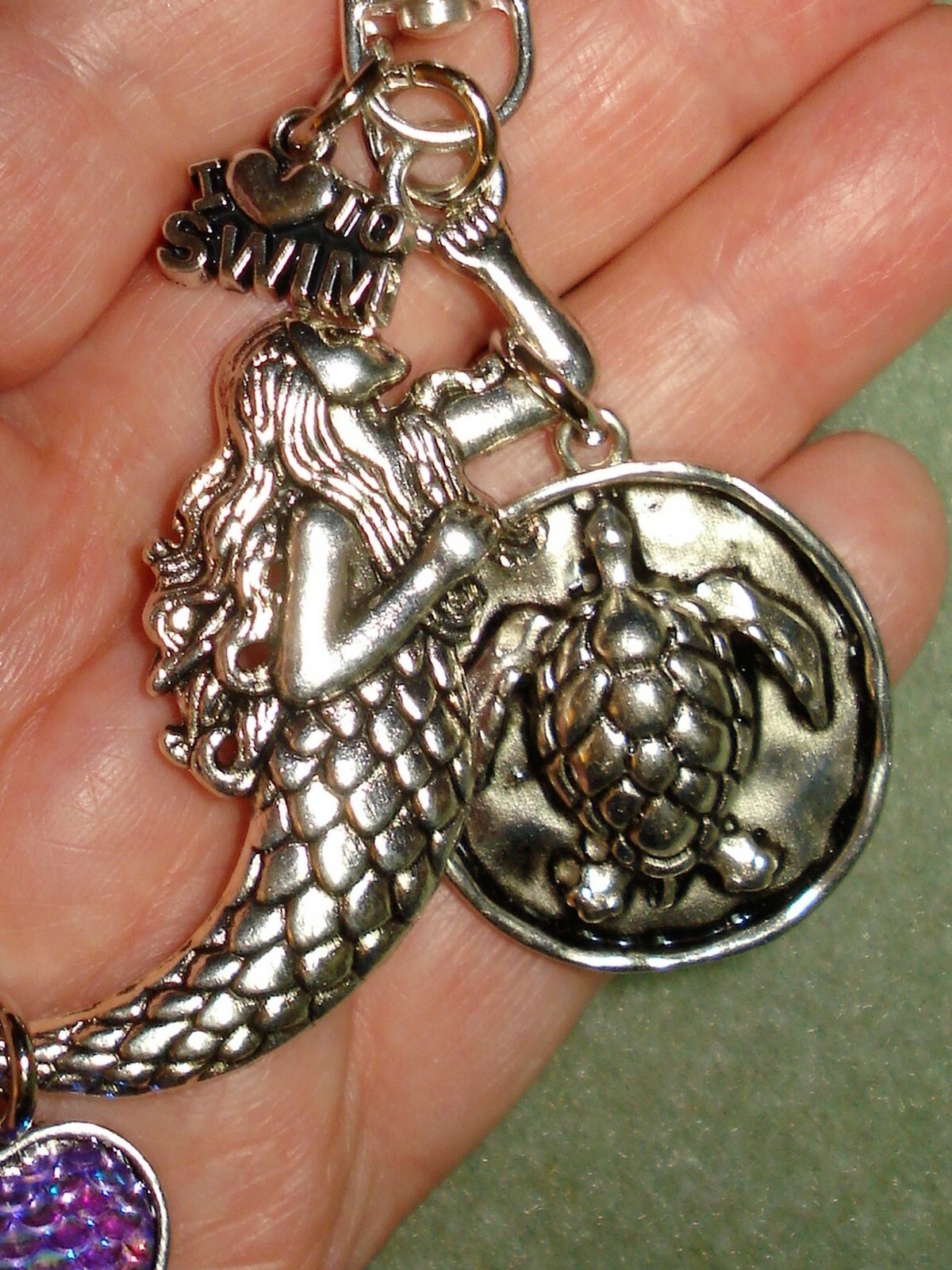 4 3/4″ Drop Mermaid, Sea Turtle, Heart “Swim” Charm Silver Plate Key Ring Glitz