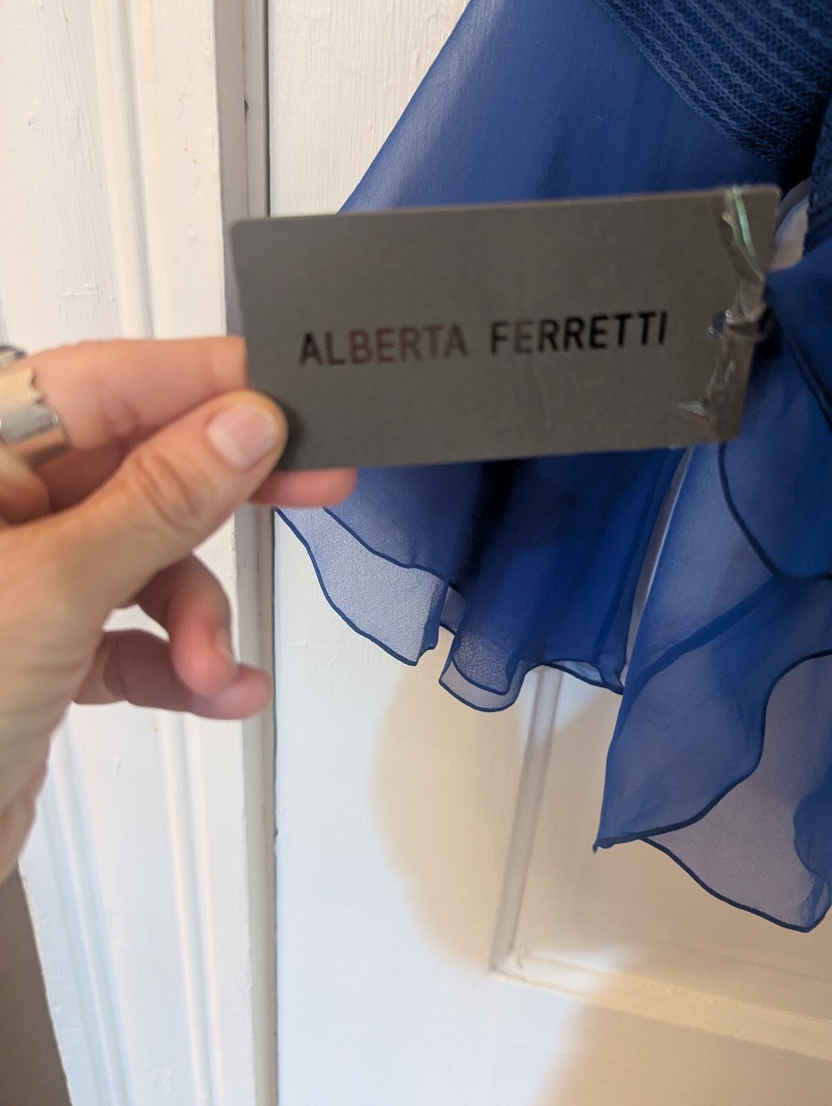 NWT ALBERTA FERRETTI COBALT BLUE SHEER 100% SILK RUFFLE PEPLUM BLOUSE US 4 IT 40