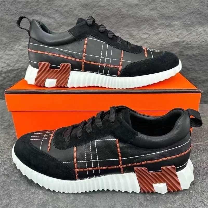 Black White Hermes Bouncing Calfskin & Suede Sneakers Men