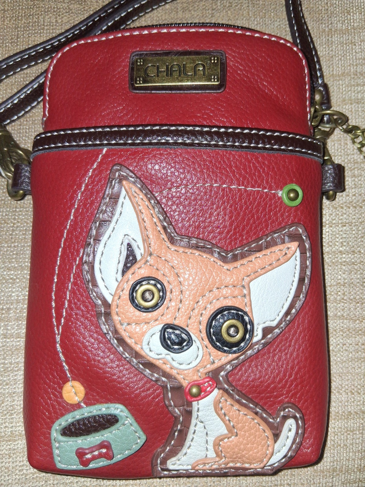 NWOT Chala Chihuahua Phone Crossbody Purse Dark Red Faux Leather Bag + Strap