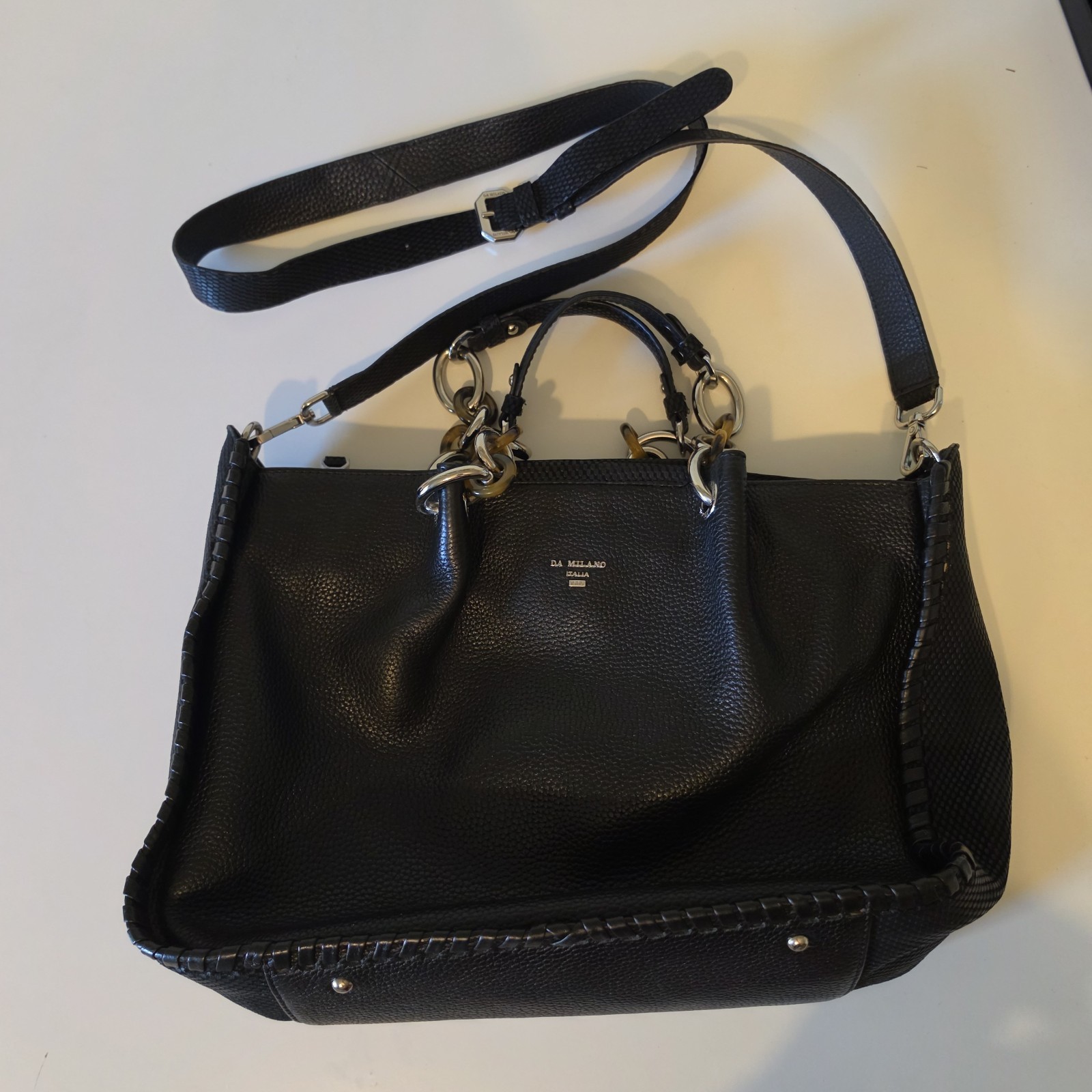 DA MILANO Black Pebbled Satchel Top Handle Zip Bag w/ Detachable Strap