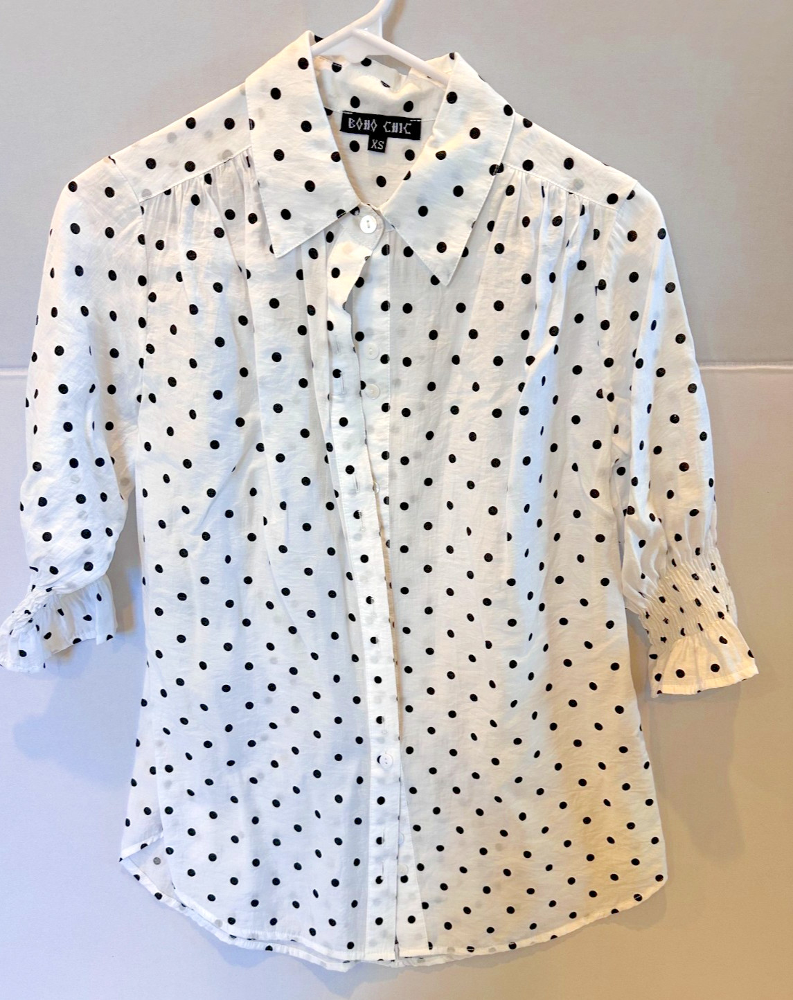 Boho Chic Brand Womens White w/ Black Dots Blouse 3/4 sleeve, XS