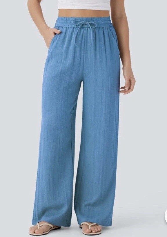 Halara High Waist Drawstring Pockets Wide Leg Baggy Casual Linen-Feel Pants XS-S