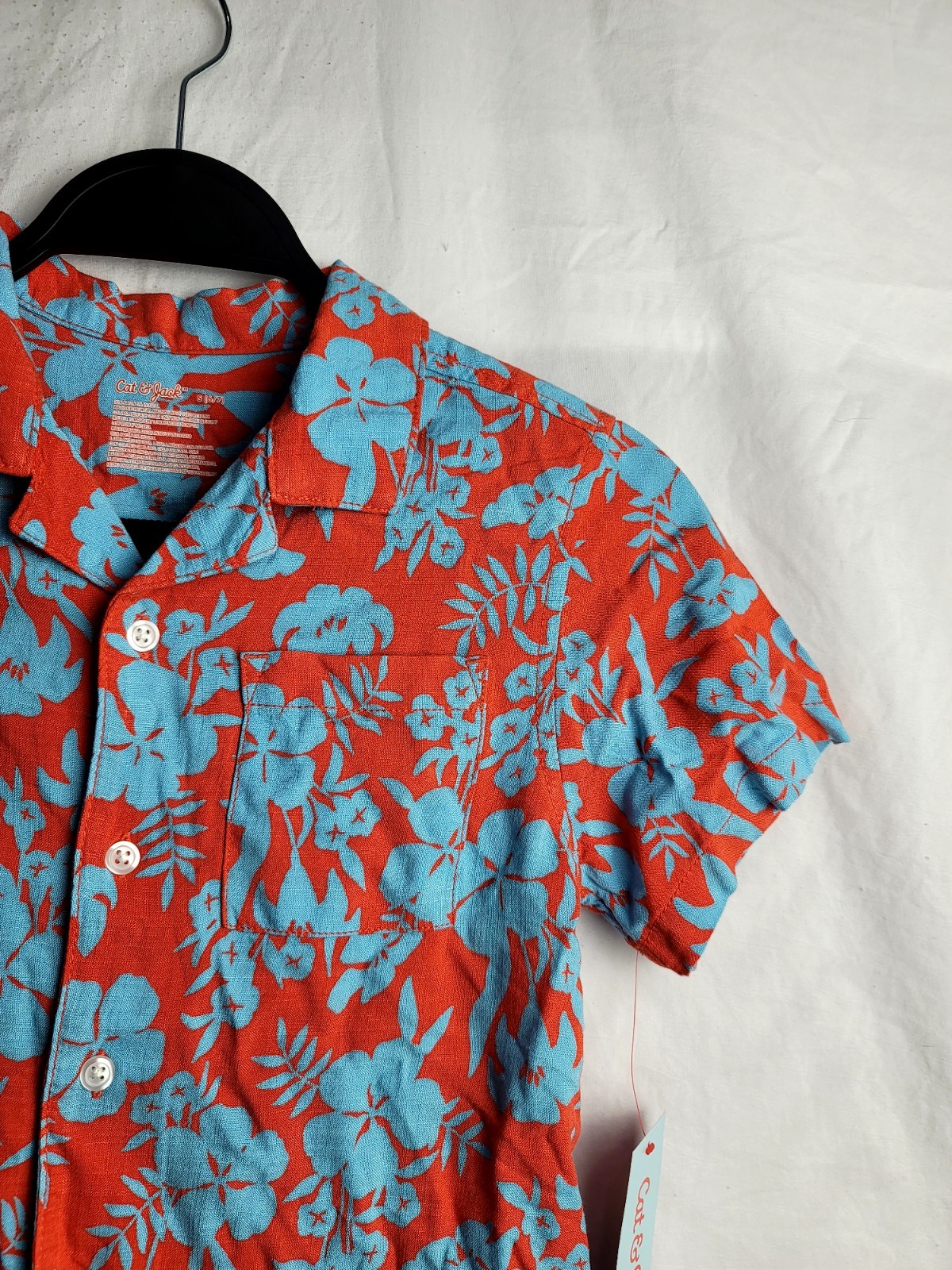 Cat & Jack Boys Floral Hawaiian Button-Up Shirt Orange/Blue S (6/7) Collared