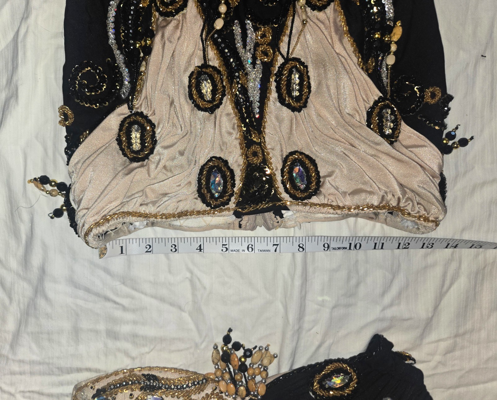 Very elegant black and ivory lycra Egyptian belly dance costume by Mumtaz