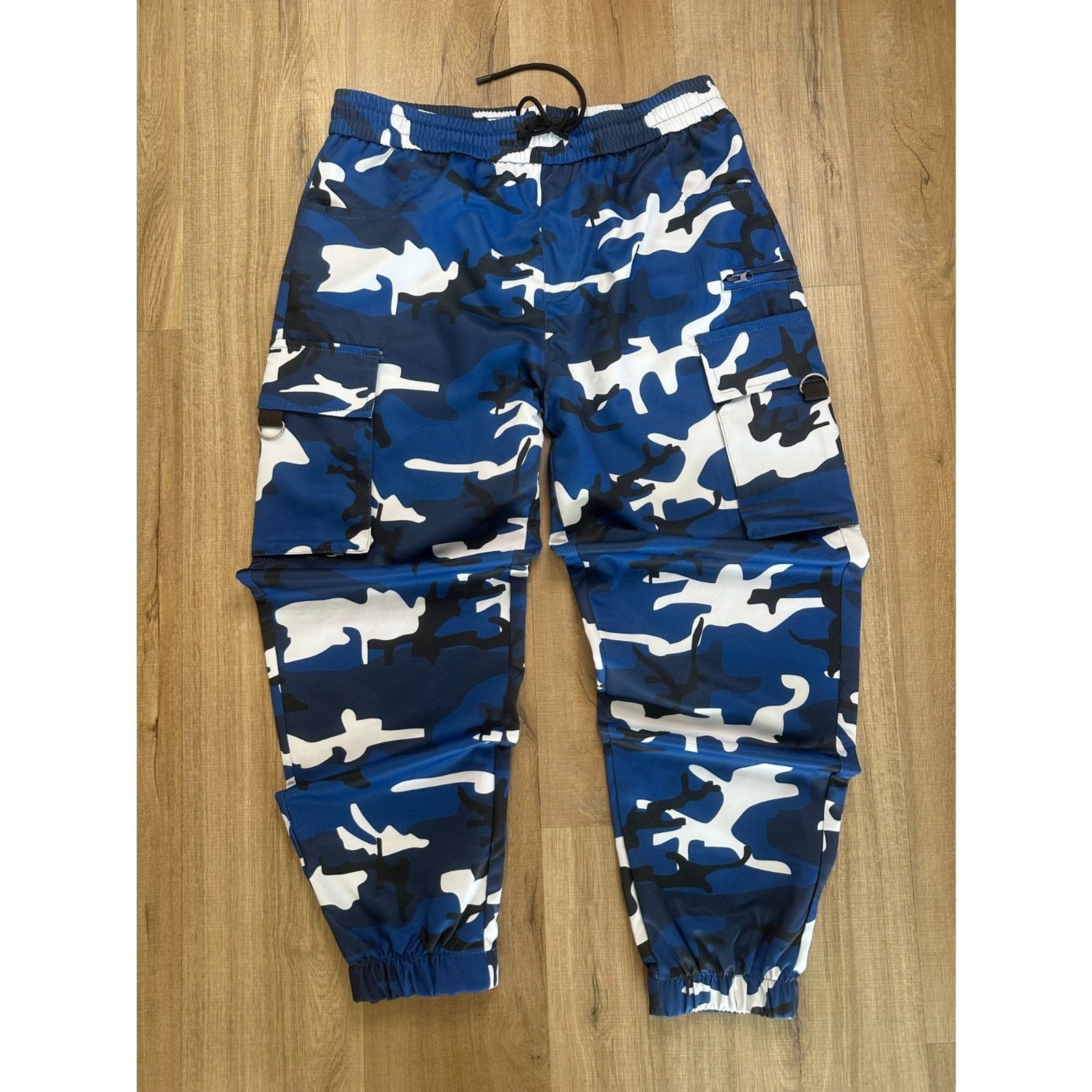 Mens Large L Blue Black White Camo Camouflage Cargo Barrel Leg Tapered Pants