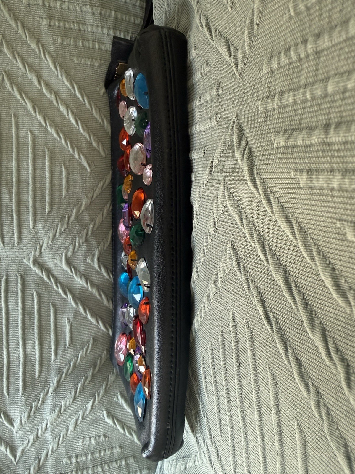 NORDSTROM WRISTLET GENUINE LEATHER BLACK WITH MULTICOLOR STONES