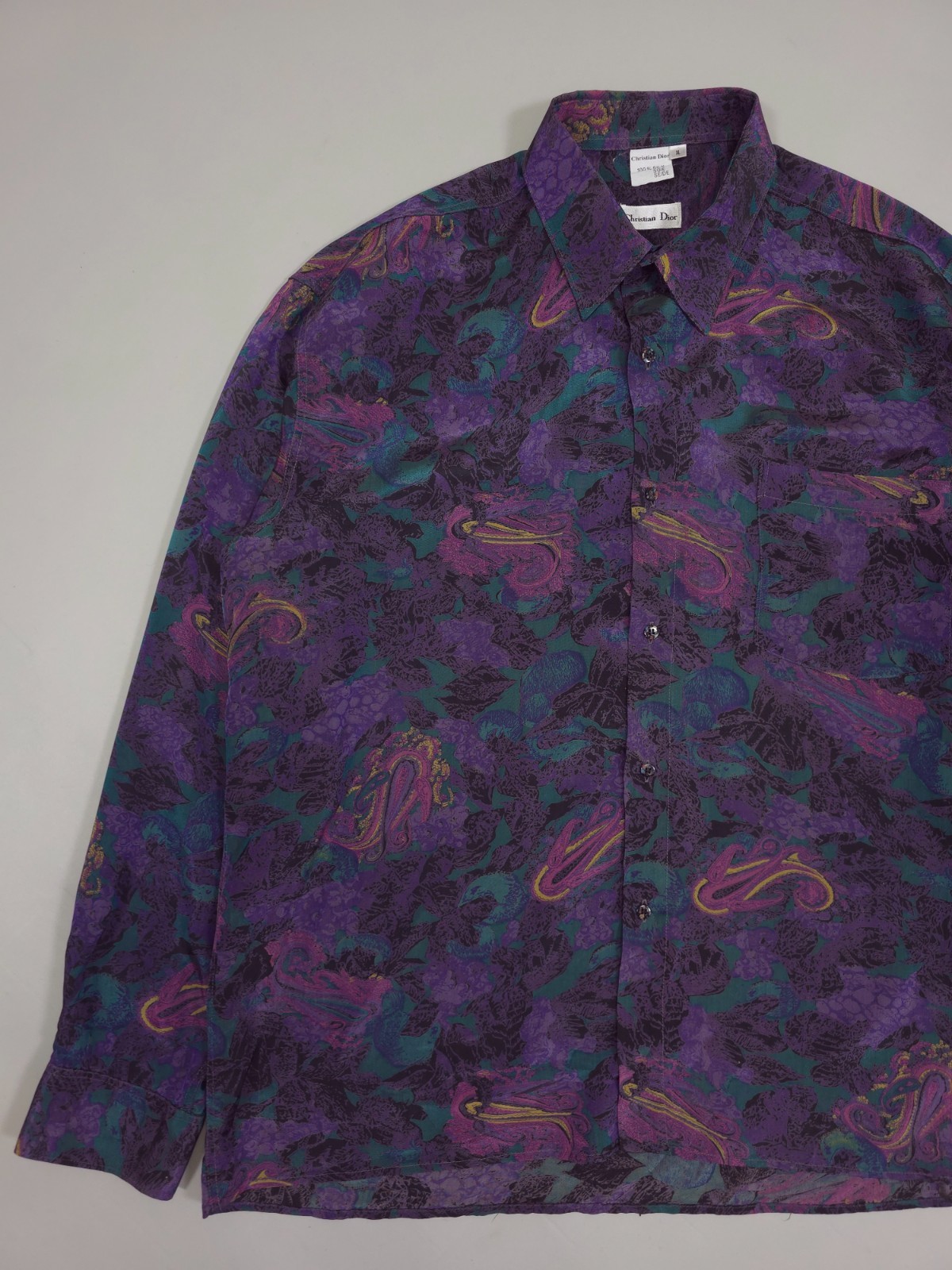 90s Christian Dior Silk Paisley Shirt – Purple/Teal Abstract Pattern Fits L-XXL