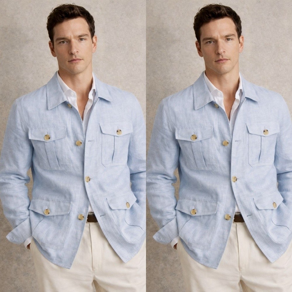 Sky Blue Linen Cotton Men Safari Jacket Summer Casual Wear Men Hunting Coat