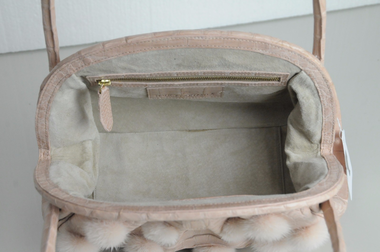 $3600 NEW Nancy Gonzalez Pale Pink CROCODILE Mink Pom Pom BAG Clutch