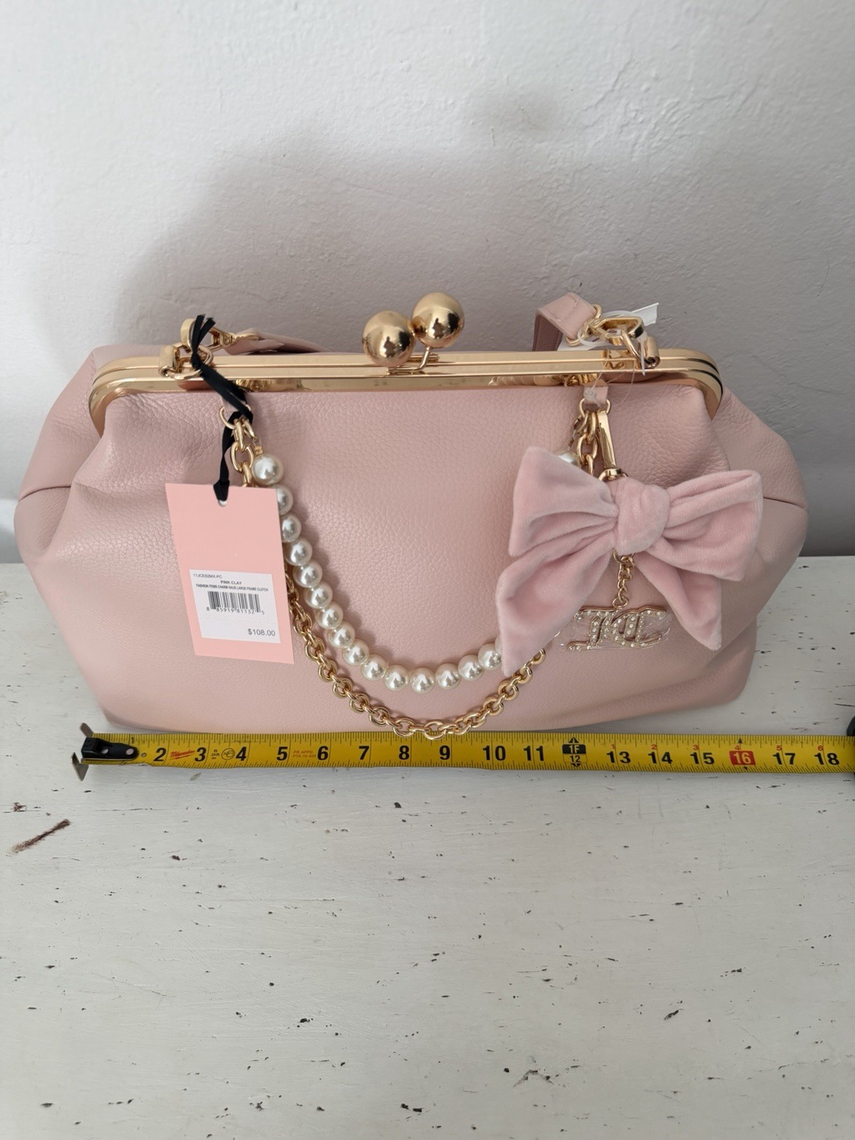 Juicy Couture Charm Haus Large Frame Clutch Bag Purse With Pearls Pink Clay