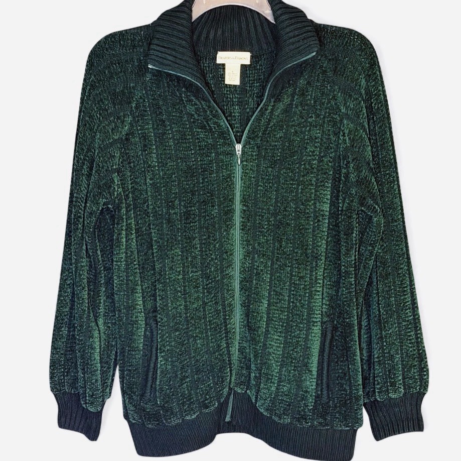 Draper’s & Damon’s Green Chenille Zip Cardigan Pockets Ribbed Trim Cottage Sz S