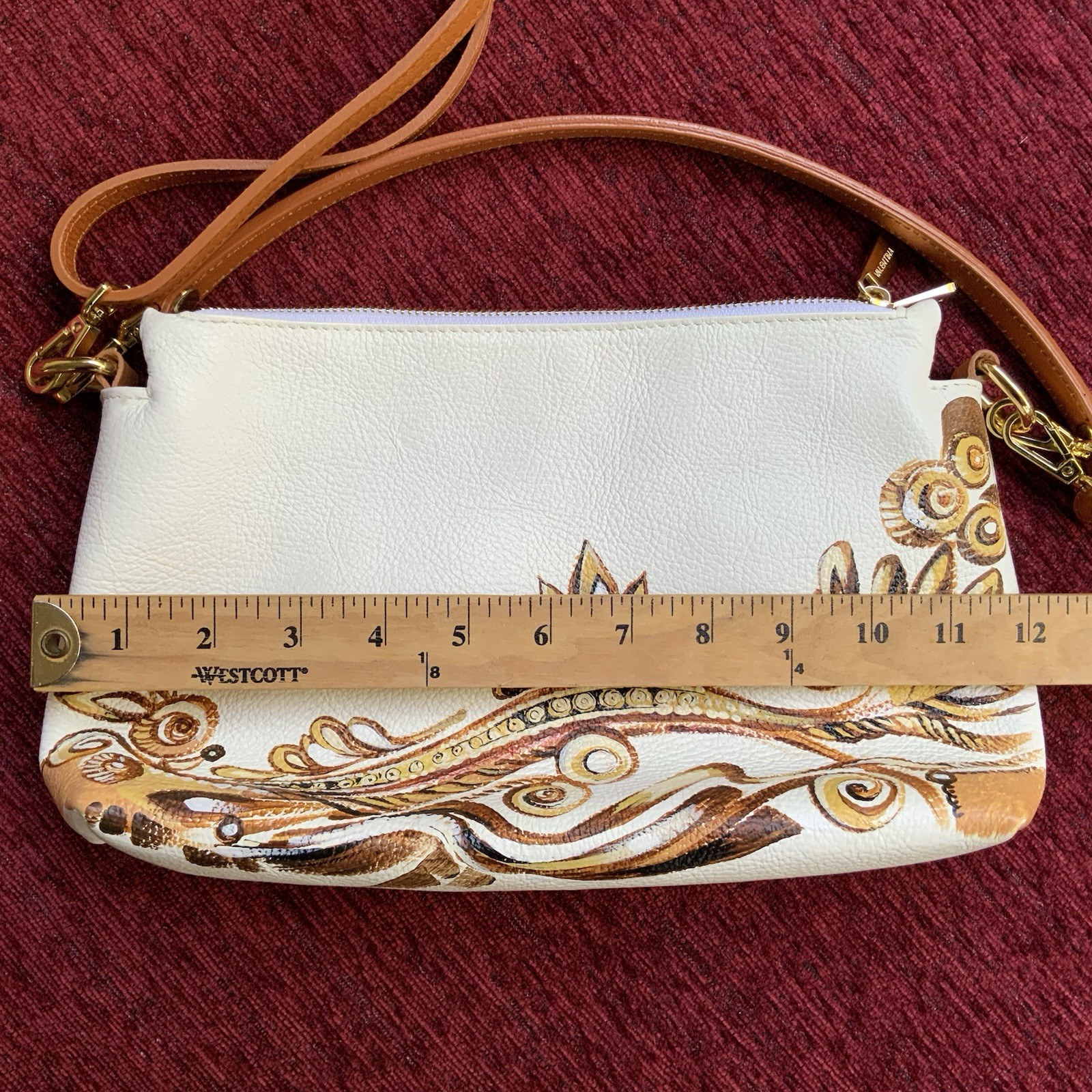 New Valentina Hand Painted Leather Crossbody Bag Floral Ivory Brown Italy