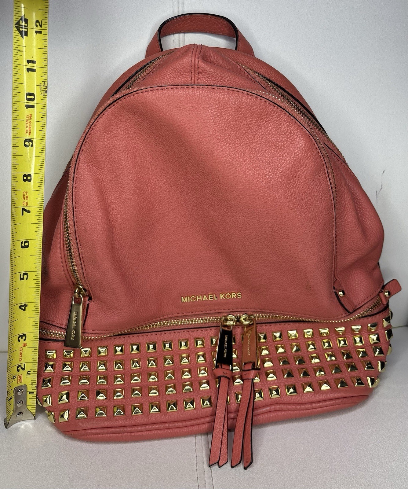 Michael Kors Women’s Medium Backpack Purse In Peach Soft Leather With Gold Studs