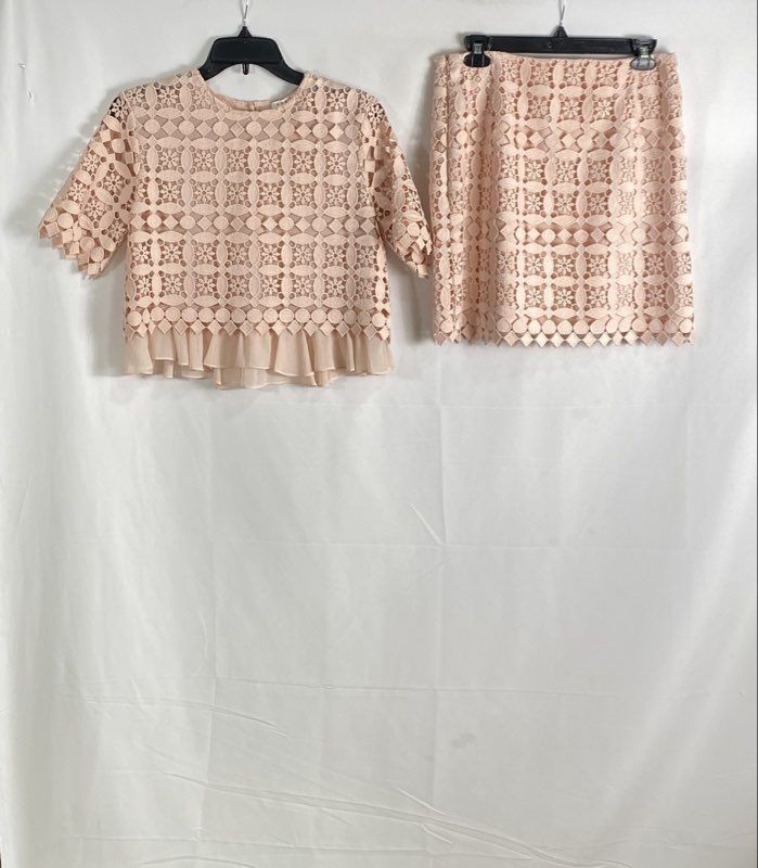 Sandro Women’s Blush Pink Geometric Eyelet Lace 2-Piece Suit Set Top Skirt Sz 2