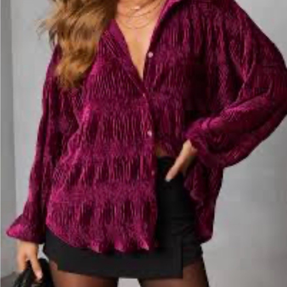 Cupio Burgundy Textured Velvety Velour XL Button-Up Shirt XL
