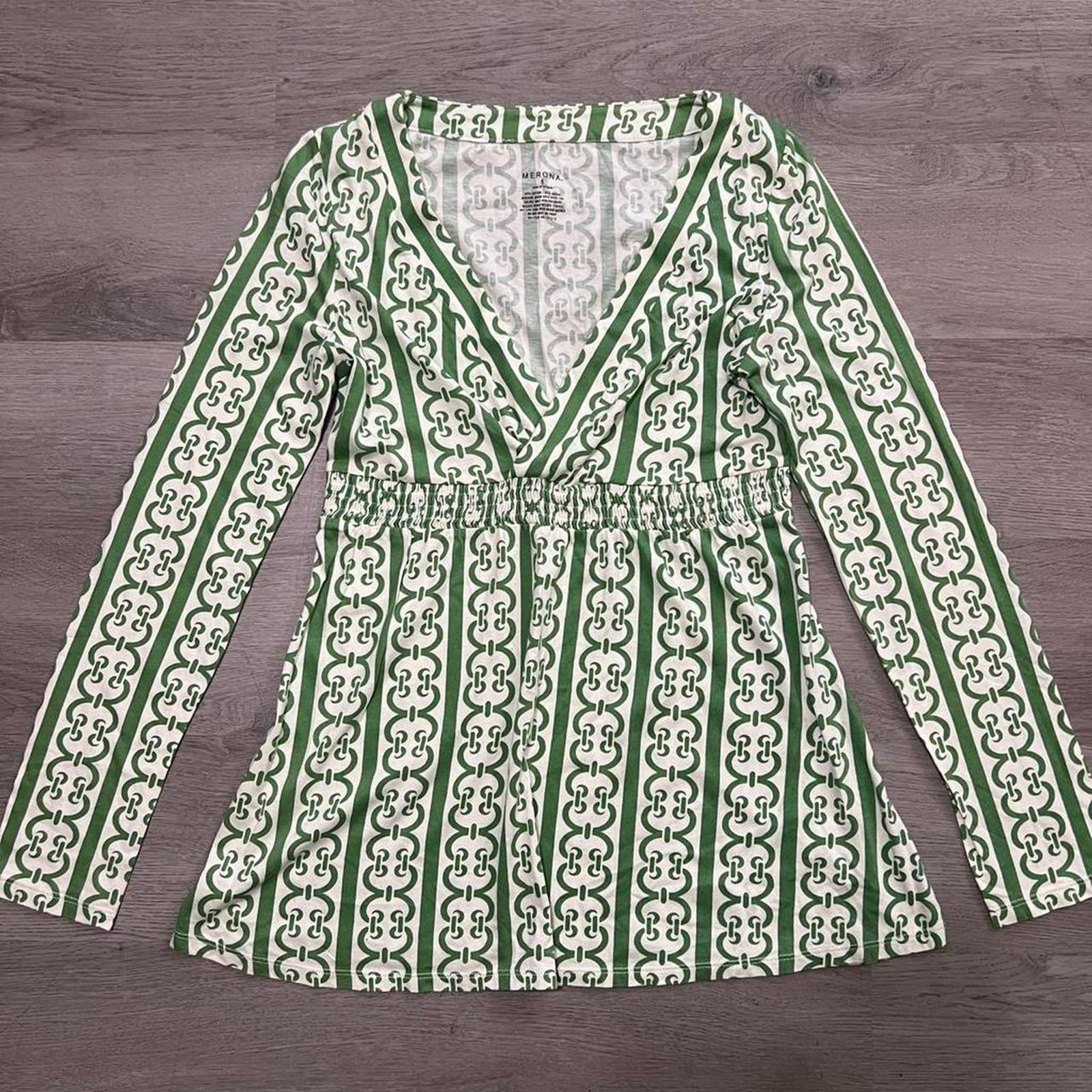 Merona green and white patterned, milkmaid milk maid peasant, peplum fitted