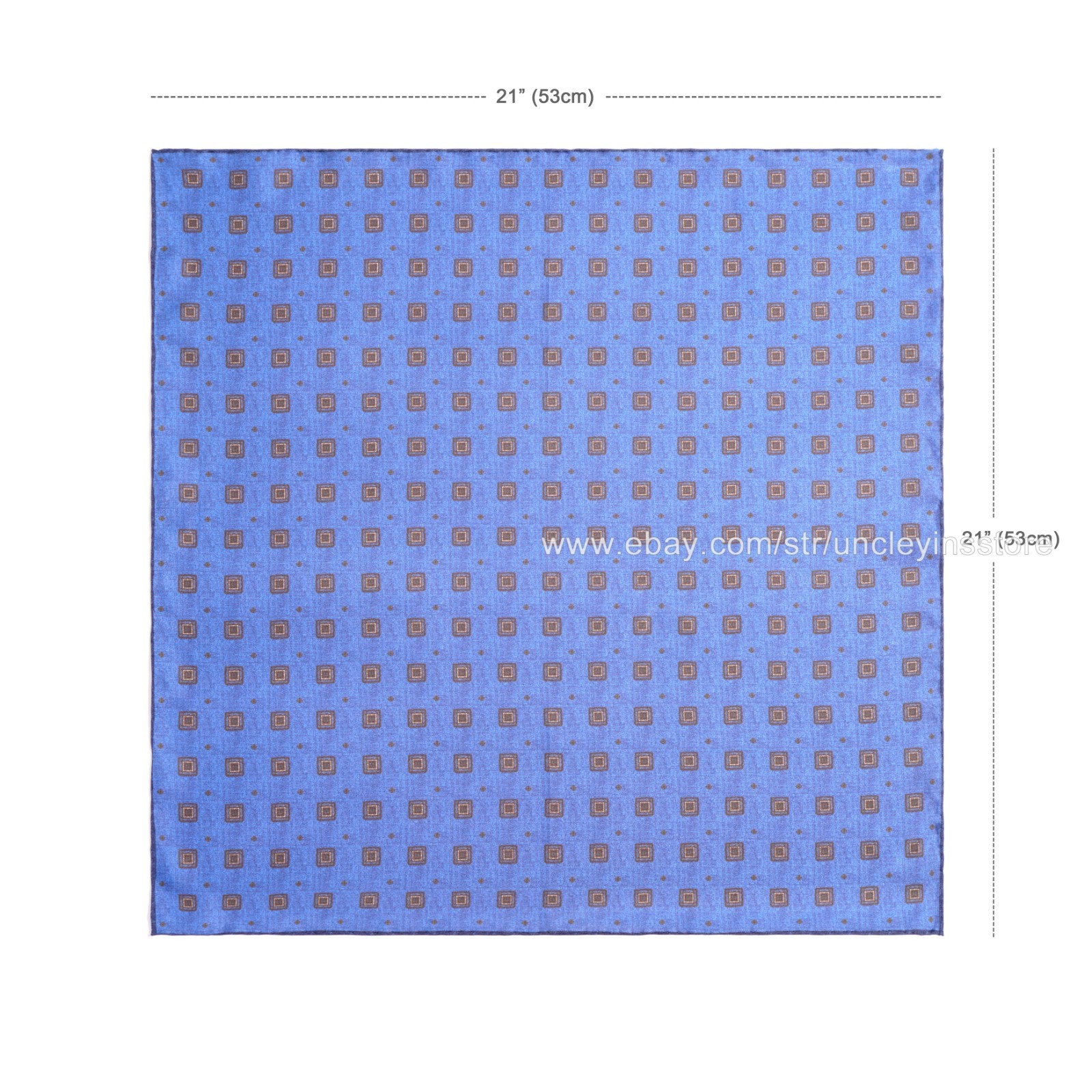 Men’s 21″ Silk Twill Pocket Square Hand Rolled Vintage Geometric Blue Brown