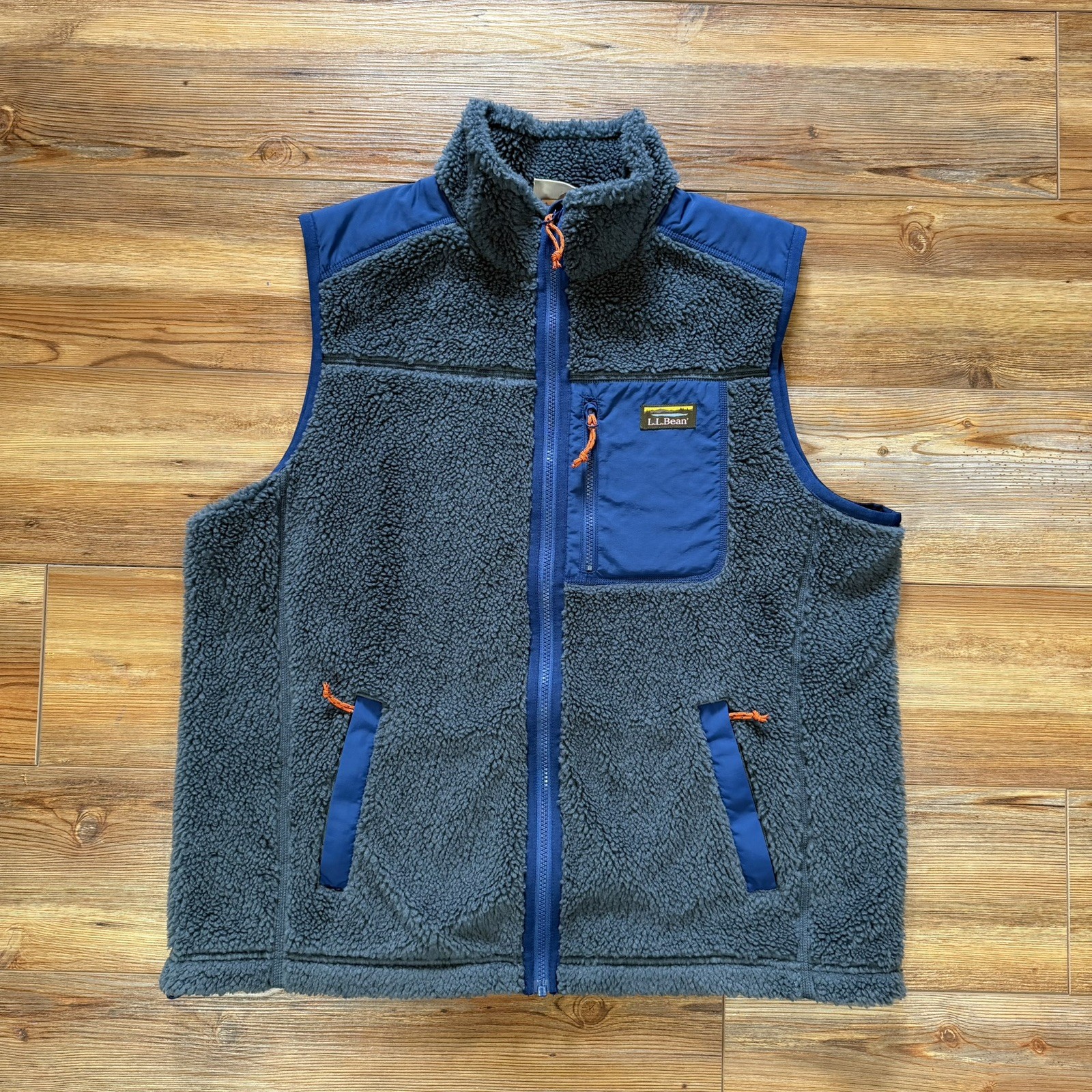 LL Bean Mens Size XL Full Zip Sherpa Fleece Vest Blue 519060 Zip Pockets