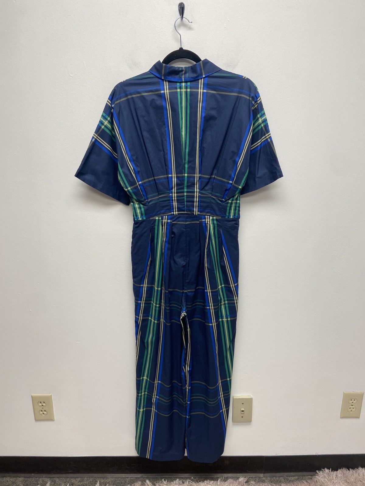 Aureum Short Sleeve Jumpsuit Bethany Blue Green Plaid Pleated Waist Cropped S