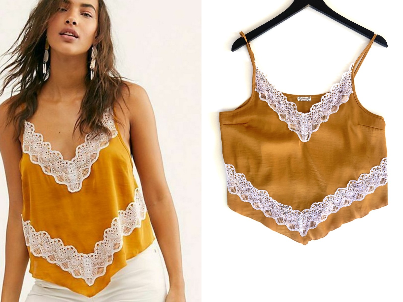 Free People Your Eyes Cami in Gold sz L $58 womens lace dainty GUC inv23